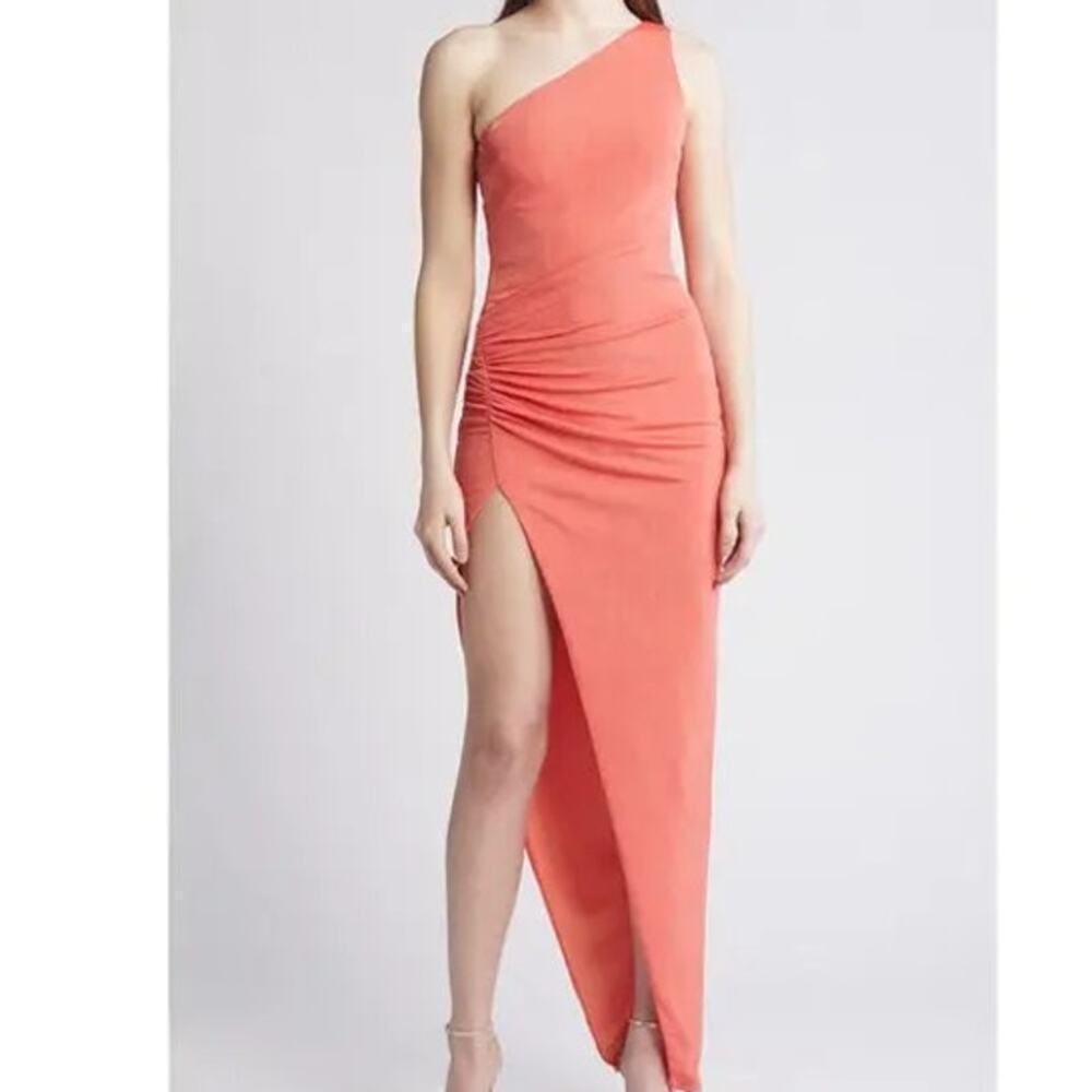 Katie May Desiree Asymmetric One-Shoulder Thigh Slit Maxi Dress Coral Women's XS